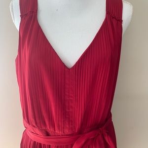 WHBM Cranberry Pleated Sleeveless Dress satin with tie sash
